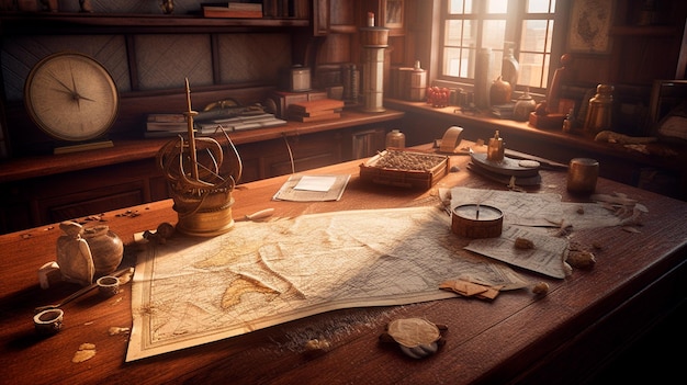 茶色の木製のテーブルを背景に海賊の宝の地図その他のアイテムを生成 AI イラストレーター