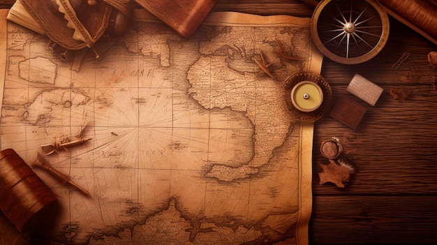 Background with a brown wooden table a pirate treasure map and other items Generative AI illustrator