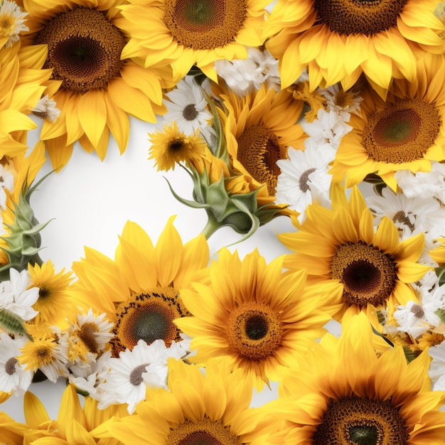 A background with a bunch of sunflowers and a white flower.