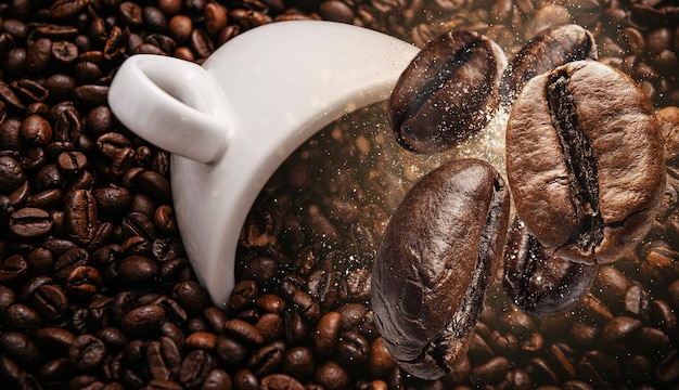 Background with coffee beans falling on a cup of coffee