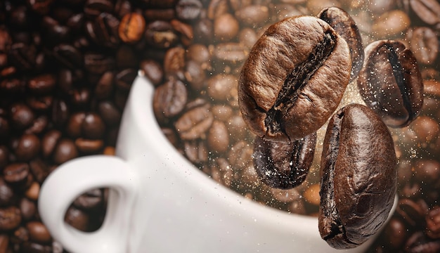 Photo background with coffee beans falling on a cup of coffee