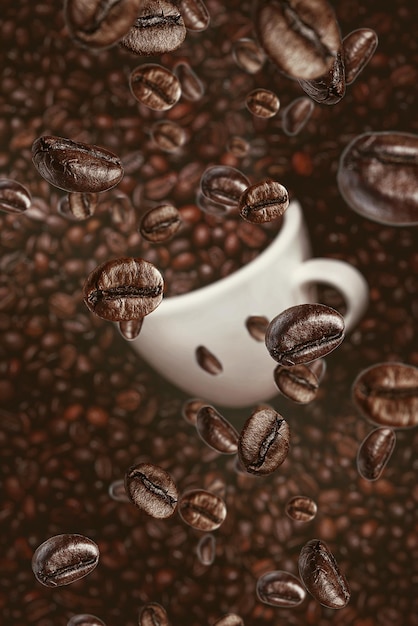 Background with coffee beans falling on a cup of coffee