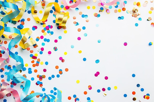 Background with colored confetti and streamers isolated on white background for birthday party