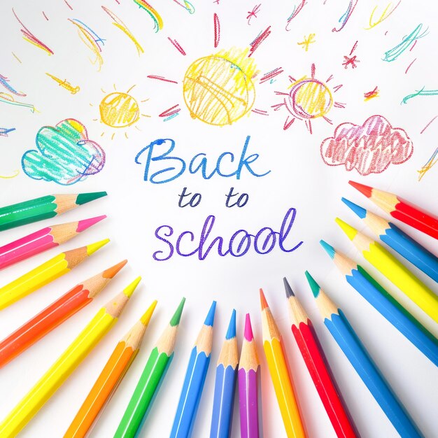 Background with colored pencils and multicolored text Back to school