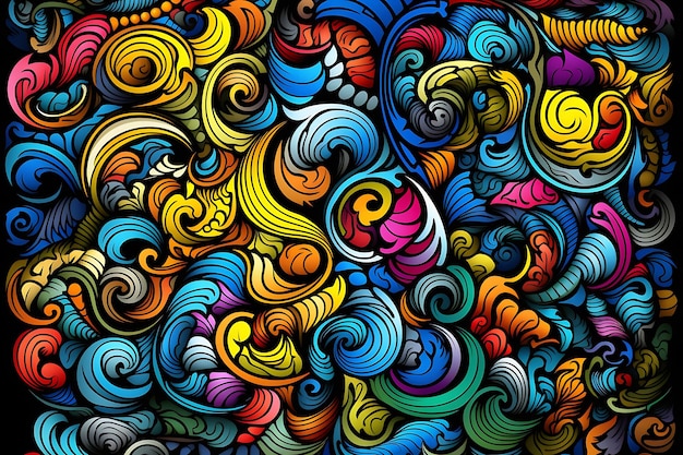 Background with colorful doodles on a dark blue background