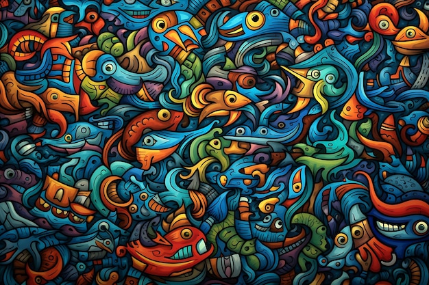 Background with colorful doodles on a dark blue background