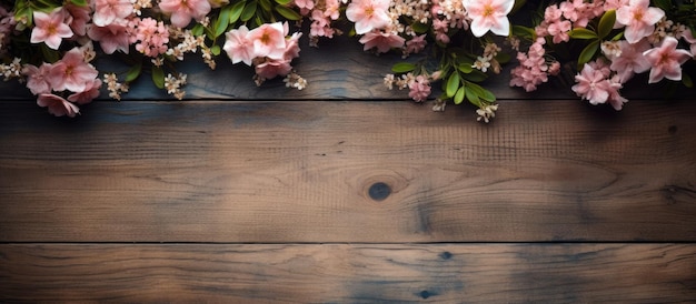 Photo a background with copy space featuring a rustic wooden table texture adorned with flowers