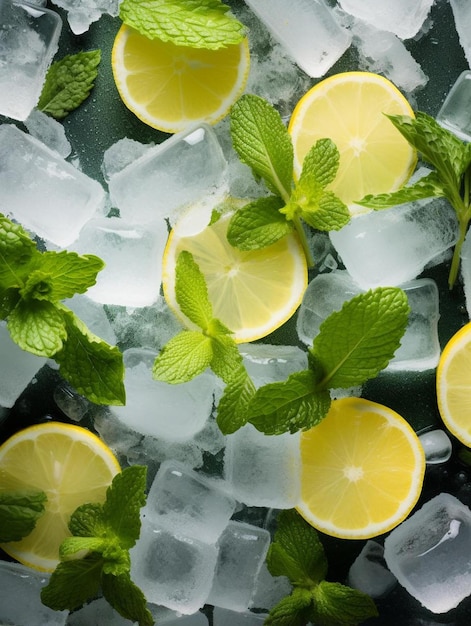 Photo background with crushed ice cubes mint and lemon top view
