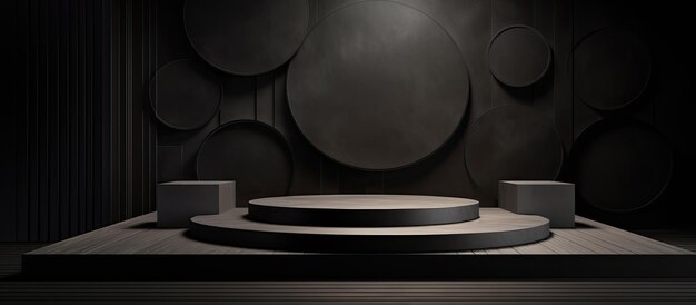 A background with a dark black 3D appearance featuring geometric shapes and a podium on the floor