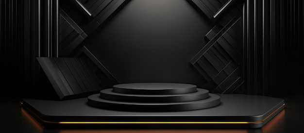 A background with a dark black 3D appearance featuring geometric shapes and a podium on the floor