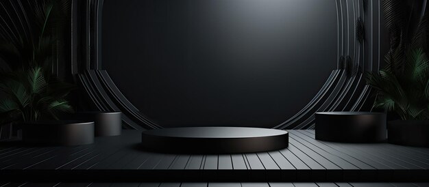 A background with a dark black 3D appearance featuring geometric shapes and a podium on the floor