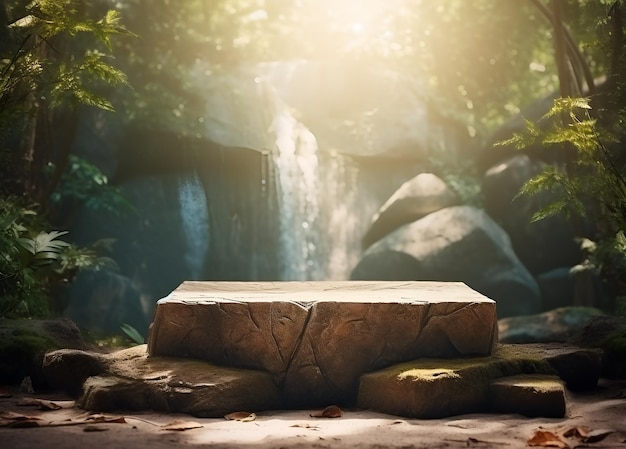 Background with dark brown blank rock marble tabletop podium stand mockup for product placement display presentation in front of green tropical forest outdoor Copy space Waterfall on background