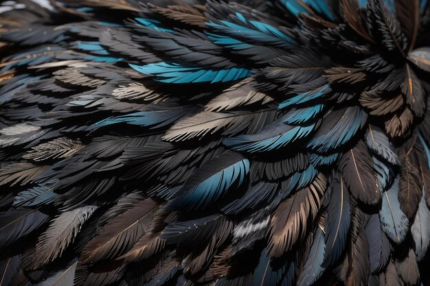 Photo background with dark textural bird feathers closeup