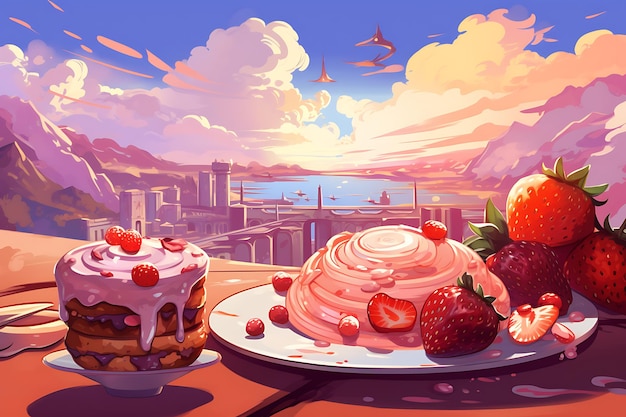 Photo background with desserts and healthy food