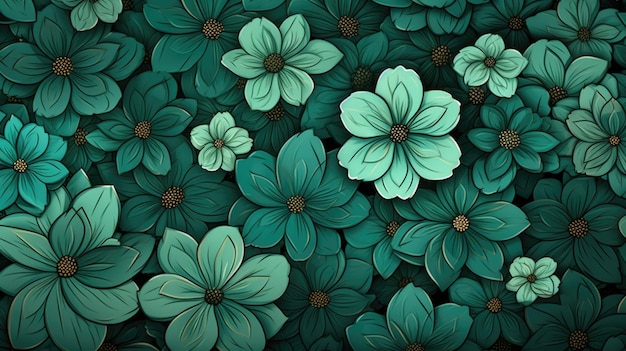 Background with different flowers in Emerald color