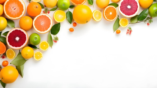 A background with different fruits and leaves