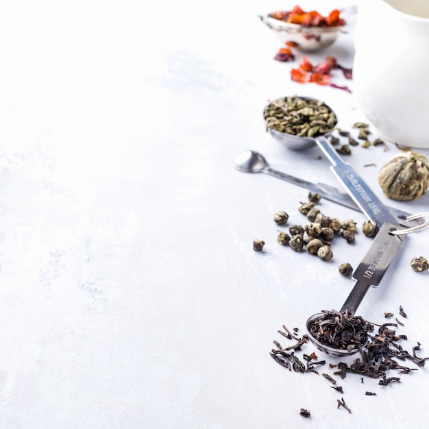 Background with different types of tea leaves