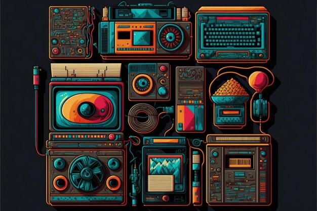 Background with electronics and old objects from the 80s and 90s retro Generative AI