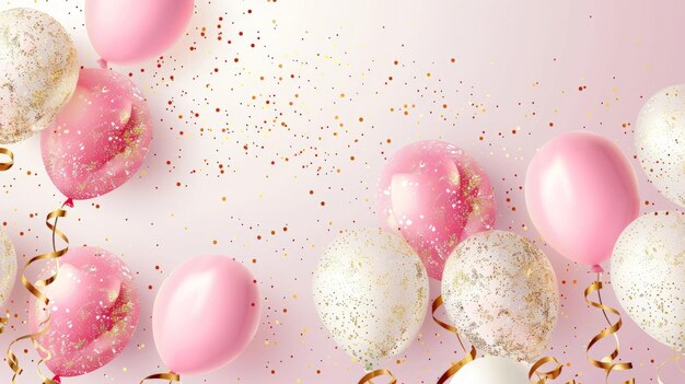 Background with festive realistic balloons with ribbon Celebration design with baloon color pink and white