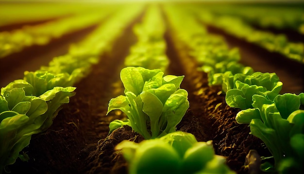 Background with a field of Lettuce plantations Growing harvesting Lettuce Healthy natural food and vegetable background concept Generative AI