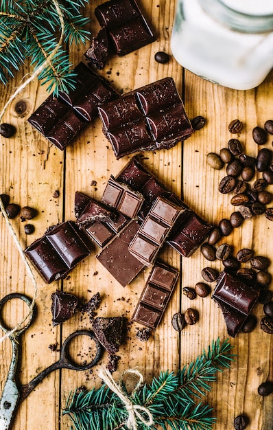 Background with fir tree and Chocolate bars