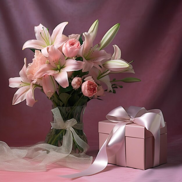 Photo background with flowers and gift