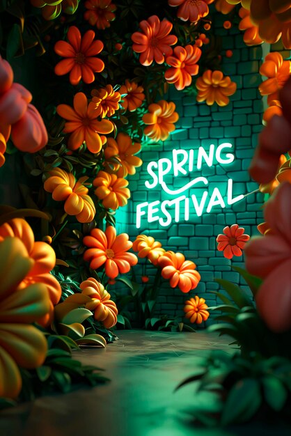 Photo background with flowers and spring motifs with the text happy spring