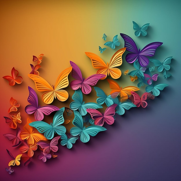 Background with flying butterflies in paper style Generative AI