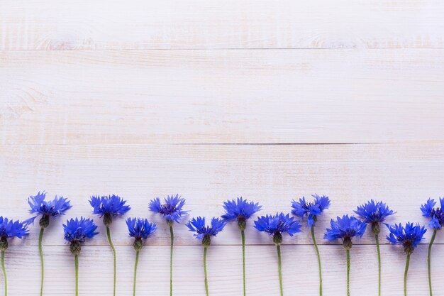 Background with fresh cornflowers on a light wooden table background