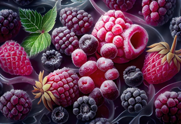 Background with frozen raspberries and blueberries Generative Ai