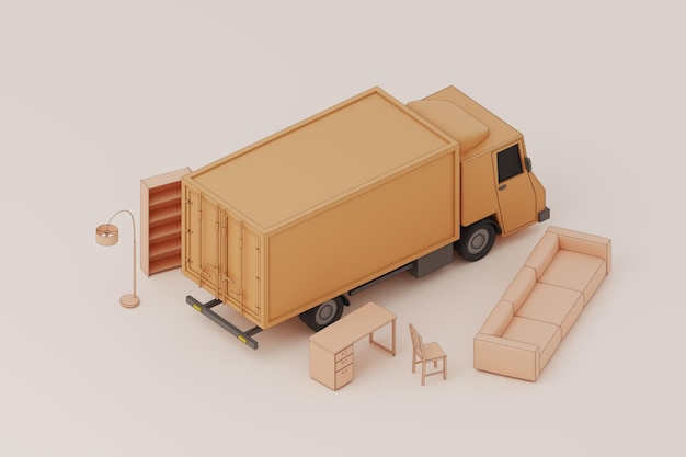 Background with furniture beside a moving truck for house moving 3d rendering