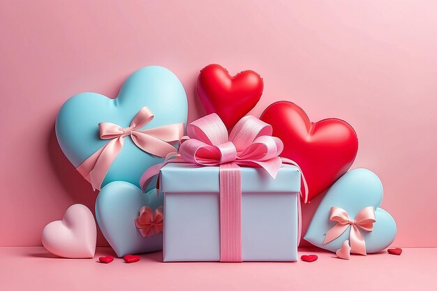 Background with gift and hearts with free space for text on pastel background Valentines day concept Mothers Day concept