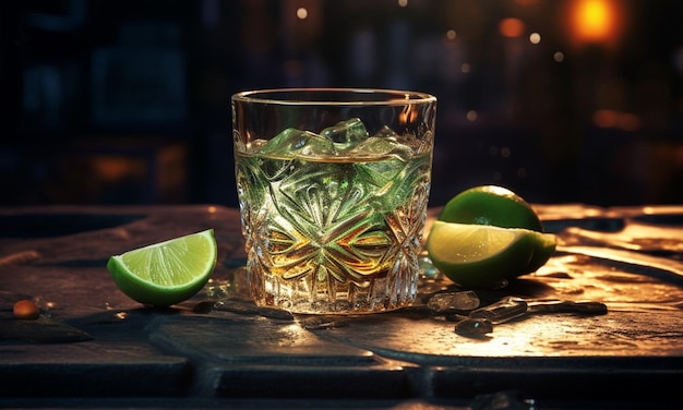 Background with a glass of tequila and slices of limes