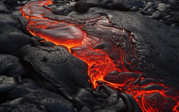 Background with glowing hot red molten lava after vulcanic eruption