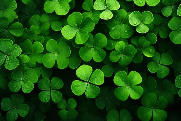 Background with green clover leaves Shamrock plant in fresh green juicy colors Generative AI