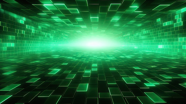 Background with green squares arranged in a grid pattern with a motion blur effect and light streaks