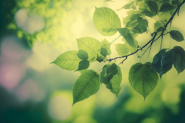 Background with green tree leaves in spring and a hazy background