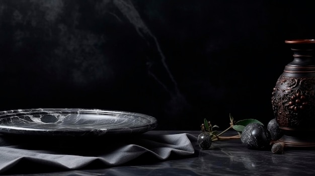 Background with grey marble and dark black stone podium for the product