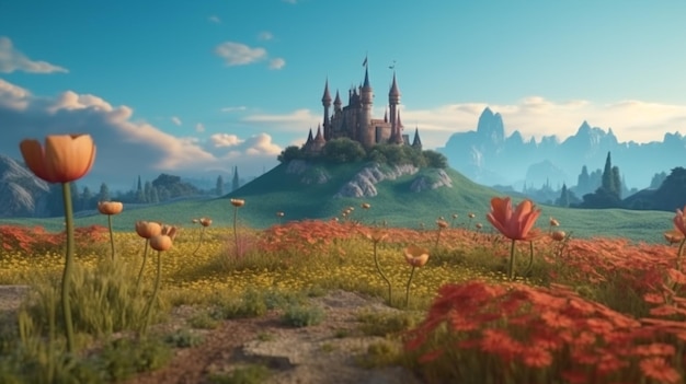 地面の城の植物と空のレイヤーの背景 AI 生成