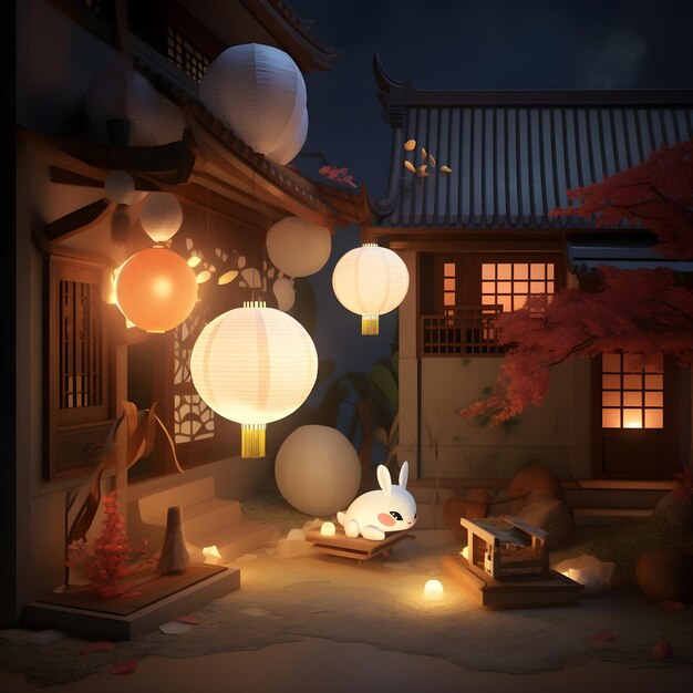 A background with hanok and rabbits