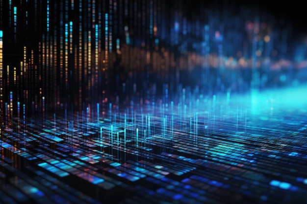 Foto sfondio con dati holografici galleggianti e scheda di circuito di codifica software con la parola dati ai generati