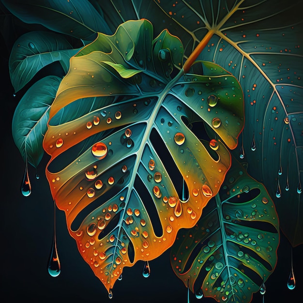 background with leaves and raindrops realistic style Generative AI