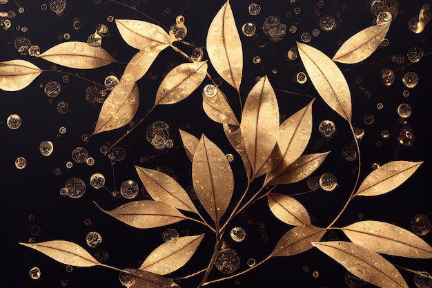 Background with leaves and sparkles on a dark background