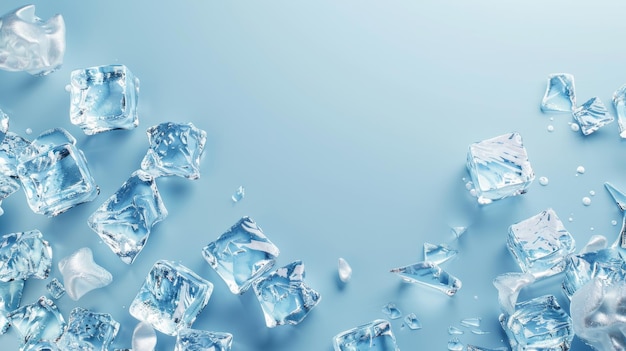 Photo background with light blue surface covered in ice and groups of ice cubes scattered across it