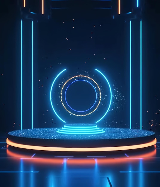 Background with lights Circle 3D stage in futuristic lab