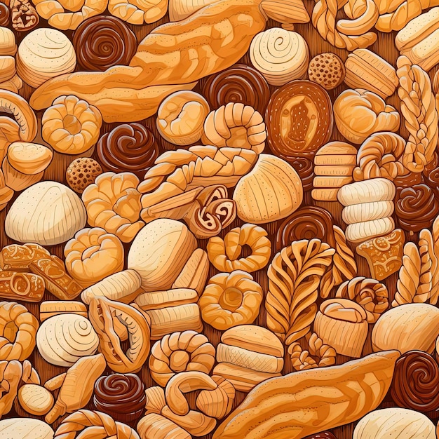 a background with a lot of bread and pastries in it in the style of rhythmic linear patterns