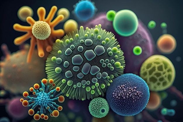 Background with macro shot of abstract colorful various bacteria germs and viruses Generative AI