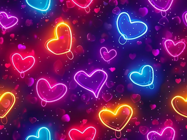 A background with many colorful neon hearts