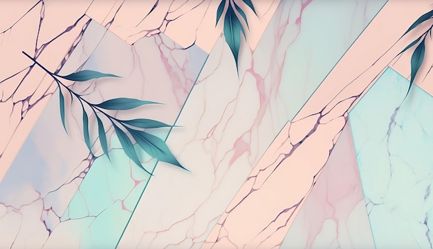 Background with marble pattern in pastel colors with tropical leaves Created with Generative AI