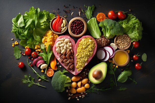 Photo background with meat fish vegetables and spices heart shape generative ai